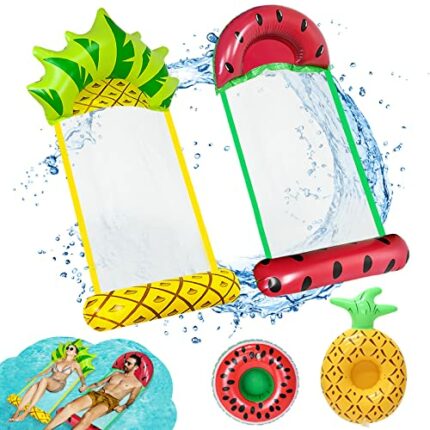 FORMIZON 2 Pcs Pool Float Hammock, 4-in-1 Multi-Purpose Inflatable Hammock with 2 Pcs Floating Cup Holder, Swimming Pool Watermelon Pineapple Por