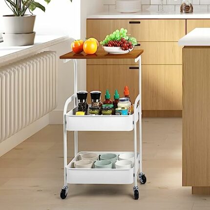 UOMIO 3-Tier Kitchen Rolling Table Cart with Wooden Board Couch Side Table on Wheels Small Black End Table with Storage Shelf for Office Kitchen