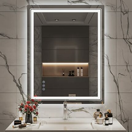 JVSISM Bathroom Mirror, 500mm x 700mm LED Vanity Mirror, Mirror for Wall, Vanity Bathroom Mirror with Anti-Fog, Memory, Dimmable Light Function (
