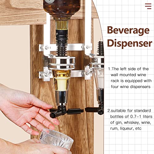 ybaymy Wine Rack Wall Mounted with 2-Bottle Liquor Dispenser Wall Mounted Wood Wine Shelf with Bottle Stemware Glass Holder, Rustic Wine Display