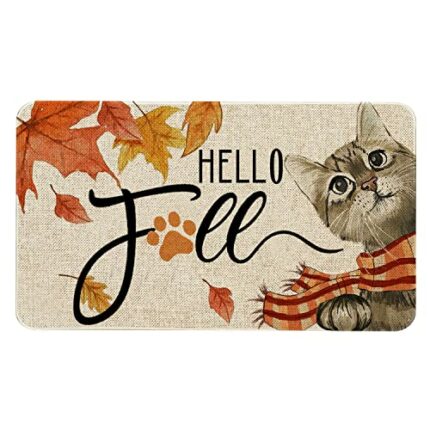 Hello Fall Door Mat 30 X 17 Inch Fall Cat Doormat Indoor Outdoor Entrance Floor Mat Non Slip Autumn Thanksiving Decor Rubber Welcome Mats