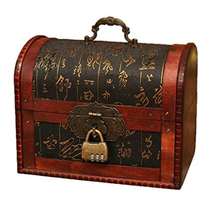 MIAOHY Portable Wood Distressed Treasure Chest Metal Password Storage Case Prop