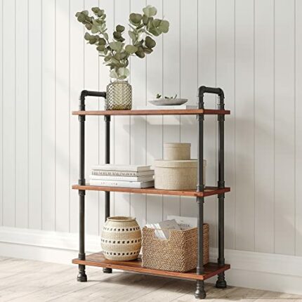 Barnyard Designs Furniture 3-Tier Etagere Bookcase, Solid Pine Open Wood Shelves, Rustic Modern Industrial Metal and Wood Style Bookshelf, Brown,