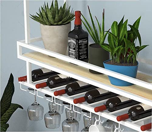 EYLINK Wine Glass Holder, Rustic Ceiling Mount Wine Rack, 2 Tier Hanging Industrial Wine Rack with Guard Rail, Wall Mounted Bottle Holder Glass R