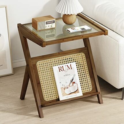 Bamworld Rattan Side Table Boho NightStand Mid Century Modern End Table Glass Bedside Table Small End Tables Bamboo Coffee Table with Storage for