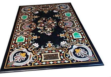 Gifts And Artefacts 30 x 48 Inches Rectangle Shape Black Marble Dining Table Top Inlaid with Gemstone Kitchen Table for Home Furniture Decor