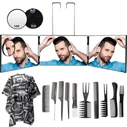 Feisate 3 Way Mirror for Hair Cutting, Barber Mirror Self Cut, Self Haircut Mirror to See Back of Head, 360 Mirror for Haircuts for Men, Self Hai