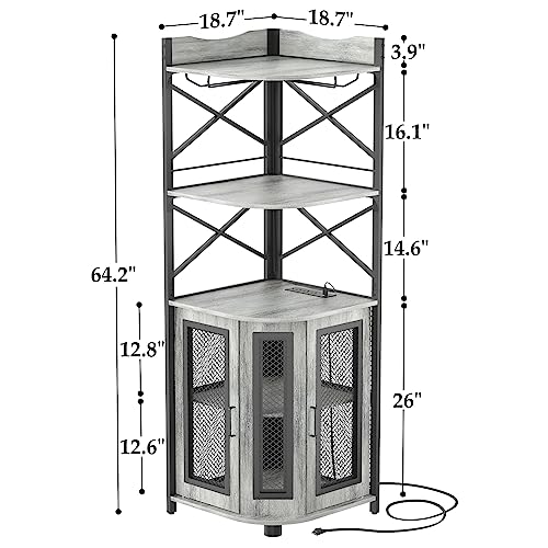 Aheaplus Corner Bar Cabinet with Power Outlet, Industrial Wine Cabinet with LED Strip and Glass Holder, 5-Tiers Liquor Cabinet Bar Unit for Home,