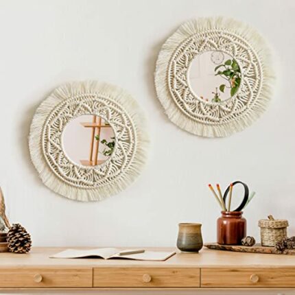Nice Dream Macrame Hanging Wall Mirrors, Boho Wall Decor, Round Antique Weave Mirror for Living Room Bedroom Nursery Room Craft Ornament Gift 2pc