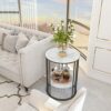 Marble Top Side Table Black: Small Circle End Tables 40 x 54cm Sintered Stone Bedside with Metal Black Legs Modern White Nightstand 2 Tier Round