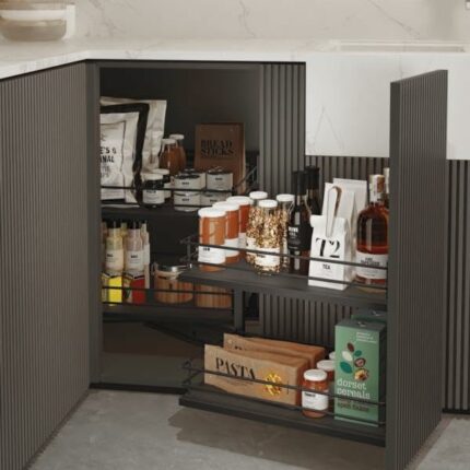 Emuca - Titane pull out corner module for kitchen furnitures, opening to the Right, Anthracite grey, Steel and Wood