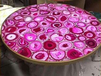 Gifts And Artefacts 42 x 42 Inches Round Shape Pink Agate Stone Dining Table Top Resin Art with Natural Gemstone Kitchen Table for Home Furniture