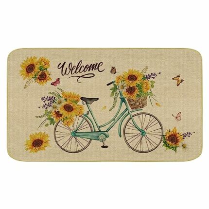 comfoyar Sunflower Bicycle Welcome Mat, Door Mat with Non Slip Rubber Backing, Easy Cleaning, Traps Dirt and Liquid, Outdoor Mats for Front Door,