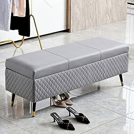 Leather Storage Bench,Premium Storage Bench End Of Bed Upholstered Bench,Modern Bedroom Bench Entryway Bench,Grey,120X40X45Cm(47X16X18Inch)