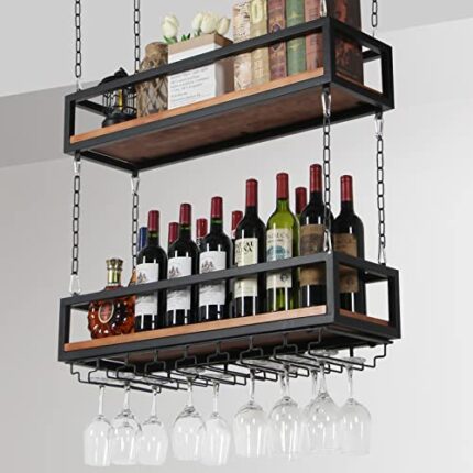 RZGY Hanging Wine Rack with Glass Holder, 2 Tier 31.5in Ceiling Mounted Wine Rack Adjustable Industrial Hanging Wine Bottle Holder, Ceiling Decor