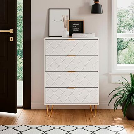 HEYZOEY Chest of Drawers, Wood 4 Drawers Cabinet Storage Organiser, Tall High Gloss Drawer Dresser with Gold Metal Legs for Bedroom, Living Room,