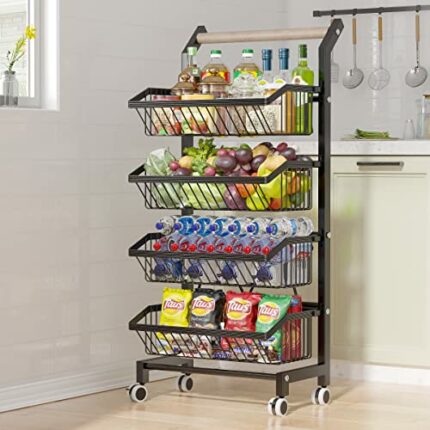 COVAODQ 4 tier kitchen trolley on wheels, kitchen vegetable storage rack,black vegetable rack,vegetable rack for kitchen(90 * 40 * 30cm)