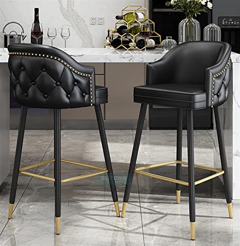 ADEADE 26 Inches Blue High Leather Bar Chairs Barstools Set of 2 Counter Height Upholstered with Nailheads and Gold Tipped Black Metal Legs, Leis