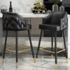 26 Inch High Leather Barstools Set of 2 Kitchen Island Bar Chairs Counter Height Upholstered with Nailheads and Gold Tipped Black Metal Legs, Lei