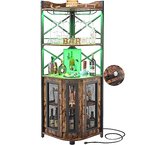 Aheaplus Corner Bar Cabinet with Power Outlet, Industrial Wine Cabinet with LED Strip and Glass Holder, 5-Tiers Liquor Cabinet Bar Unit for Home,