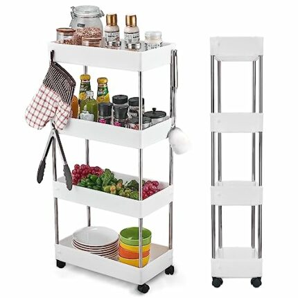 Wopeite Kitchen Trolley on Wheels 4-Tier, Narrow Utility Kitchen Cart Vegetable Rack Bathroom Trolley, Space-Saving Storage Trolley on Wheels for