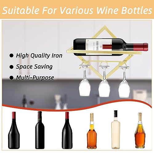 EATHEATY 2 Pack Metal Wall Mounted Wine Holder, Foldable Gold Hanging Wall Wine Rack Storage with Stem Glass Holders, Red Wine Bottle Display Han
