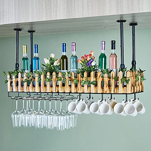 Rustic Hanging Wine Rack with Glass Holder and Shelf, Adjustable Ceiling Bar Wine Glass Rack with Lights, Iron Bottle Holder Wine Shelf