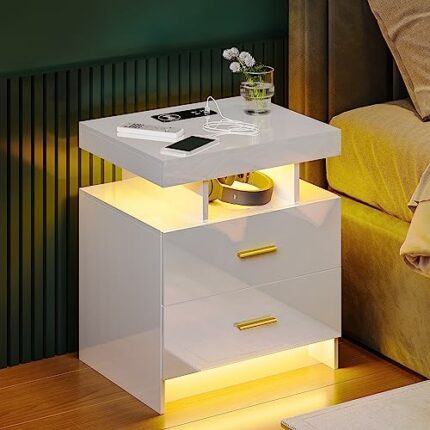 OUTDOOR DOIT Smart Nightstand with Wireless Charging Station/USB Port, White High-Gloss Storage Bedside Table, Night Stand has 2 Drawers,Body Sen