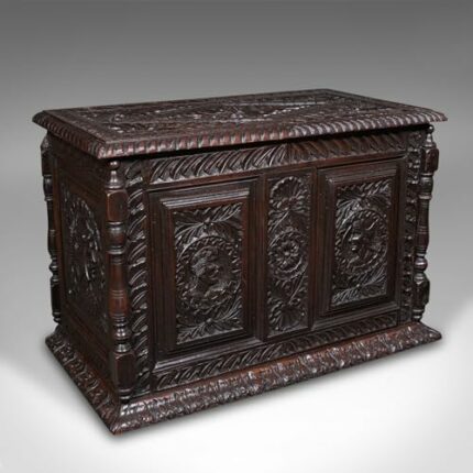 Small Antique Carved Coffer, English Oak, Gothic Revival, Blanket Box, Victorian