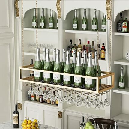 YTLEMON Hanging Wine Rack, Vintage Style Wine Glass Decoration Rack, Adjustable Height, Metal Ceiling Wine Glass Holder, with a Bottle storage ra