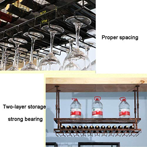 OUSIKA Wine Racks,Cafe Hanging with Glass Holder and Shelf, Adjustable Metal Ceiling Bar Wine Glass Rack, 2-Layer Industrial Iron Bottle Holder W