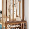 Clothes rack bamboo, coat rack with bench, clothes rack with 5 hooks and shoe rack, multi-purpose open clothes rail wood for hallway living room,