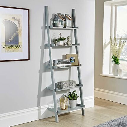 Home Source - 5 Shelf Ladder Bookcase Grey Decorative Ornament Stand Modern Wooden