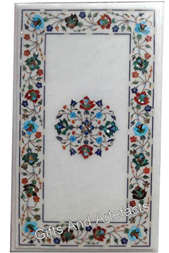 Gifts And Artefacts 24 x 48 Inches Rectangle Shape White Marble Dining Table Top Inlaid with Multicolor Gemstone Kitchen Table for Home Furniture