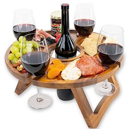 Portable Wine Table - Keeps Wine Glasses & Bottle in Place - Wooden Outdoor Folding Picnic Table with Glass Holder - Foldable for Easy Storage -