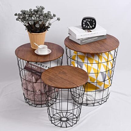 Lantaly Nesting Retro Wire Coffee Tables Stacking Storage Convertible Round Metal Basket Accent Side End Tables with Storage for Living Room Bedr
