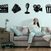 5 Pieces Movie Theater Decor Wooden Home Theater Room Decor Cinema Wall Art Movie Reel Theater Action Popcorn Ticket Sign Movie Night Decor Theme