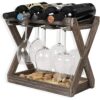 DISHENGZHEN 4 Bottles Wooden Wine Rack for Bottles, Free Standing Wine Storage Holder with Glass Rack, Free-Standing Water Bottle Holder for Kitc