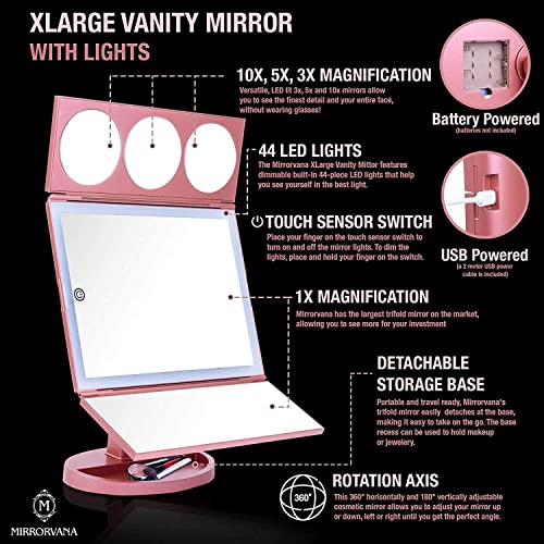 MIRRORVANA XLarge Hollywood Style Trifold LED Lighted Makeup Mirror, Triple 10X, 5X, 3X Magnification & 2 meter Bonus USB Cable (Rose Gold)