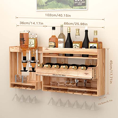 ybaymy Wine Rack Wall Mounted with 2-Bottle Liquor Dispenser Wall Mounted Wood Wine Shelf with Bottle Stemware Glass Holder, Rustic Wine Display