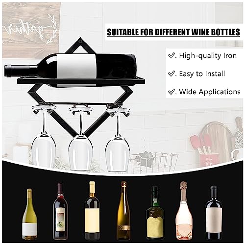RHBLME 2 Set Metal Wine Glass Holder Wall Mounted, Upgrade Stemware Rack Collapsible Hanging Red Wine Racks Organizer with 3 Stem Glass Holders,