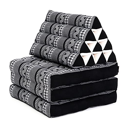 LEEWADEE 4-Fold Mat with Triangle Cushion – Firm TV Pillow, Foldable Mattress with Cushion Made of Eco-Friendly Kapok, 225 x 50 cm, black orange