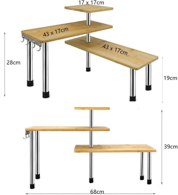 3 Tier Spice Rack with Hooks, Space Saving Organizer Corner Shelf, Free Standing Spice Racks, Adjustable Display Shelves for Kitchen storage, Sto