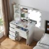 Dressing Vanity Desk with Mirror and Lights, Hollywood Girls Vanity Table Sliding Mirror with 5 Large Capacity Drawers and Cushion Stool for Bedr