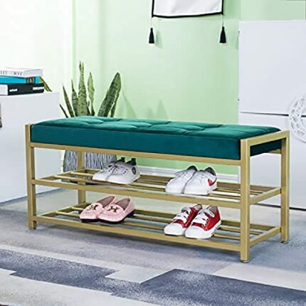 Entryway Bench With Golden Shoe Shelf,Modern Shoe Bench Shoe Organizer Velvet Bench Seat,Shoe Rack Bench Shoe Storage,Green,80X35X45Cm
