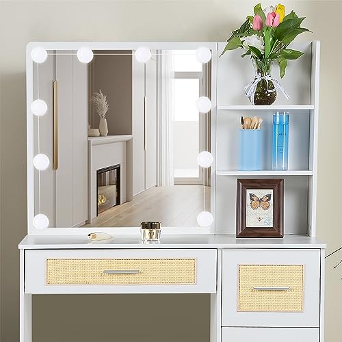 Caulitar Vanity Desk with Mirror and Lights, White Makeup Vanity Set with 4 Drawers and Chair, Girls Vanity Table for Bedroom