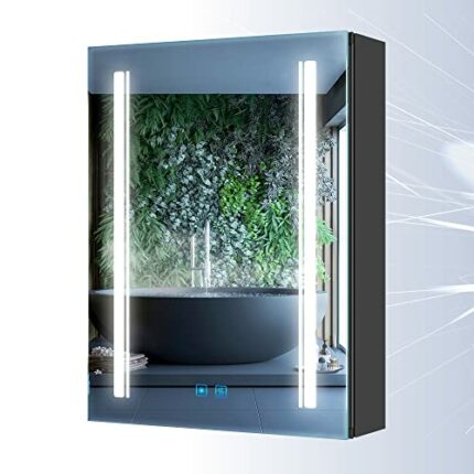 Tokvon® Rivulet BLACK bathroom mirror cabinet Wall Mount Aluminum Double-sided LED mirror door & shaver socket 3 adjustable color temperature & d