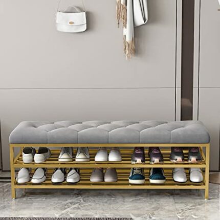 Hallway Entry Shoe Storage Bench, Velvet Upholstered Shoe Bench, Modern Entryway Bench Seat Shoe Rack Bench with Golden Shoe Shelf for Hallway Do