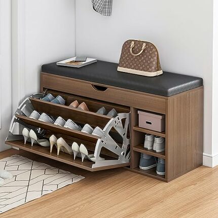 VACSAX Entryway Shoe Rack with Cushioned Seat, Shoe Rack Bench, Easy To Use, Light Luxury Faux Leather Top Bed Bench, for Entryway, Hallway, Bedr