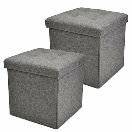 CINNOR 2 Pack Folding Storage Ottomans, Small Cube Storage Box, Foot Rest Stool Seat for Living Room,12.6”x 12.6”x 12.6” (Linen Fabric-Grey)
